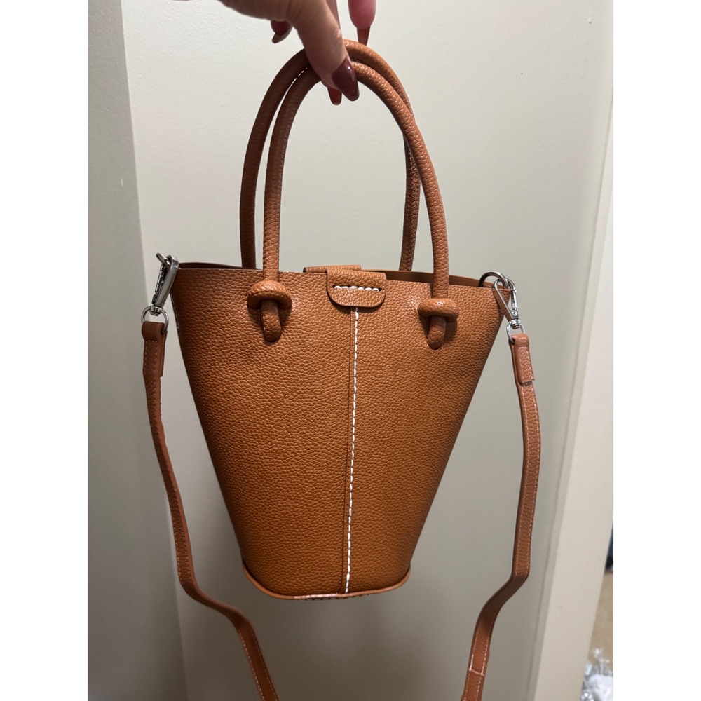 Hand Sewn Mini Bucket Bag Cognac Pebbled Faux Leather Crossbody Contrast Stitch